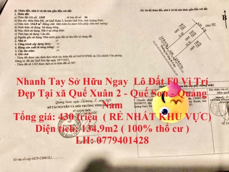 Nhanh Tay Sở Hữu Ngay  Lô Đất F0 Vị Trí Đẹp Tại xã Quế Xuân 2 - Quế Sơn - Quảng Nam