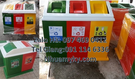 Thùng rác 3 ngăn bập bênh, thùng rác nhựa Cung cấp thùng rác 3 ngăn có logo, thùng rác 3 ngăn giá rẻ