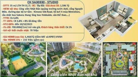 BÁN NHANH CĂN STUDIO SA3 THÂP VIEW CHỌN VẸN CÔNG VIÊN NHẬT TRUNG SIÊU ĐẸP TẠI VINHOMES SMART CITY