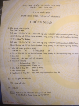 Tôi chính chủ cần bán nhanh căn nhà 3 tầng tại số 744 Tôn Đức Thắng,phường Sở Dầu, quận Hồng