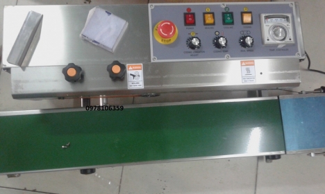 Máy hàn miệng túi liên tục có in date, máy ép miệng bao nilon, máy hàn bao nilon, máy ép miệng túi