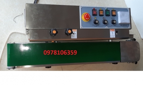 Máy hàn miệng túi liên tục có in date, máy ép miệng bao nilon, máy hàn bao nilon, máy ép miệng túi