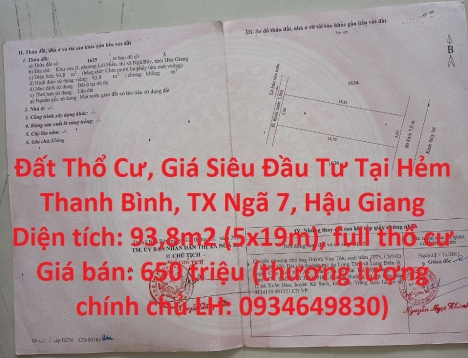 Đất Thổ Cư, Giá Siêu Đầu Tư Tại Hẻm Thanh Bình, TX Ngã 7, Hậu Giang