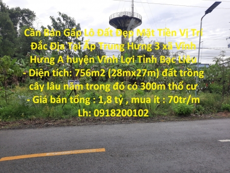 Cần Bán Gấp Lô Đất Đẹp Mặt Tiền Vị Trí Đắc Địa Tại Tỉnh Bạc Liêu