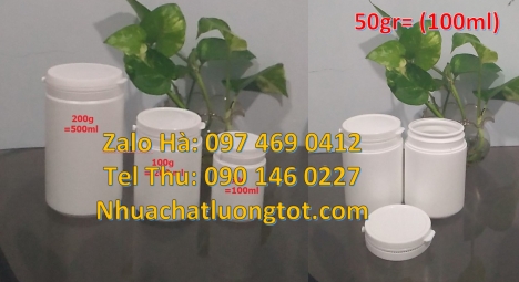hũ tinh bột sắn dây 200 gram, hũ nhựa 250 g tròn cao, hũ 50 gram đựng kẹo cao su, hũ 100 gram trắng