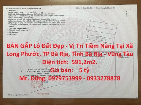 BÁN GẤP Lô Đất Đẹp - Vị Trí Tiềm Năng Tại Xã Long Phước, TP Bà Rịa, Tỉnh Bà Rịa - Vũng Tàu