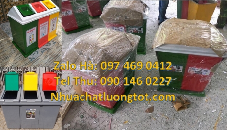Thùng rác 3 ngăn bập bênh, thùng rác nhựa Cung cấp thùng rác 3 ngăn có logo, Thùng rác nhựa nắp lật