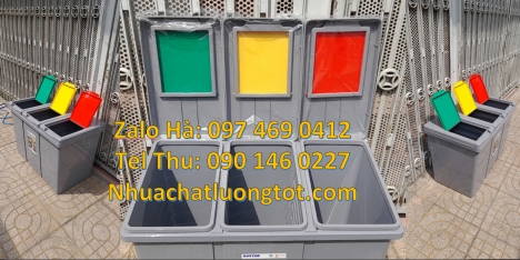 Thùng rác 3 ngăn bập bênh, thùng rác nhựa Cung cấp thùng rác 3 ngăn có logo, Thùng rác nhựa nắp lật