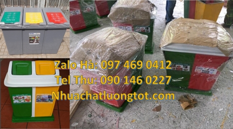 Thùng rác 3 ngăn bập bênh, thùng rác nhựa Cung cấp thùng rác 3 ngăn có logo, Thùng rác nhựa nắp lật