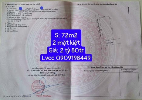 Bán 2  lô đất 2 mặt Kiệt ô tô Tô Hiệu 72 m2 2ty80tr