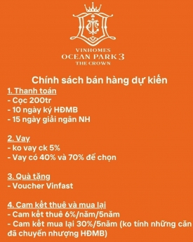 Chính sách bán hàng siêu hấp dẫn dành cho NĐT tại Vinhomes Ocean Park3 - The Crown.