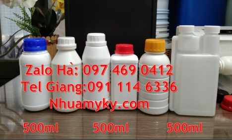 Chai 100ml tròn, Chai nhựa 50ml đựng thuốc trừ sâu. Chai nhựa 1000ml đựng mật ong. Chai 500ml miệng