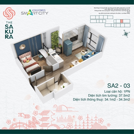 Mở bán căn 11 tòa SA3 34m2 1PN riêng biệt chỉ 1,6 tỷ tại Sakura Vinhomes Smart City