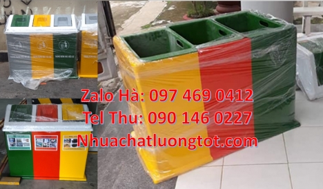 Thùng rác 3 ngăn bập bênh, thùng rác chống cháy Thùng đựng rác 3 ngăn composite, phân phối thùng đựn