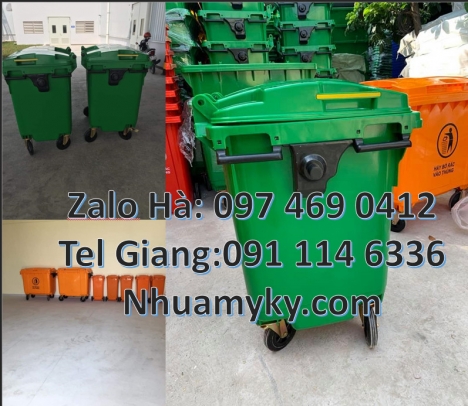 xe thu gom rác 660 lít, Xe Thu Gom Rác 1000L 3 Bánh Hơi Màu Cam Đẩy Tay Nhựa Composite, xe thu gom r