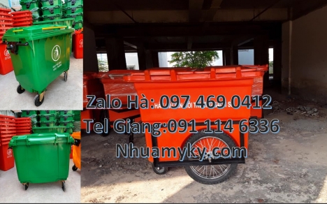 xe thu gom rác 660 lít, Xe Thu Gom Rác 1000L 3 Bánh Hơi Màu Cam Đẩy Tay Nhựa Composite, xe thu gom r
