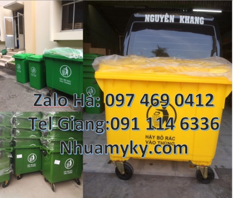 xe thu gom rác 660 lít, Xe Thu Gom Rác 1000L 3 Bánh Hơi Màu Cam Đẩy Tay Nhựa Composite, xe thu gom r