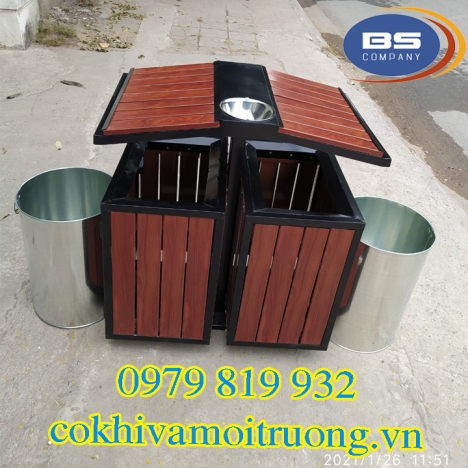 Thùng Rác 2 Giả Gỗ Ngoài Trời