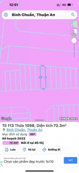 BÁN LÔ ĐẤT MẶT TIỀN KINH DOANH, 72 M2 SHR THỔ CƯ , BÌNH CHUẨN ,THUẬN AN