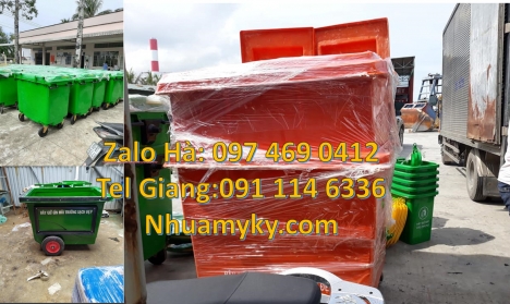 Xe Thu Gom Rác 1000L 3 Bánh Hơi Màu Cam Đẩy Tay Nhựa Composite, xe rác công cộng 660 lít Giá bán xe