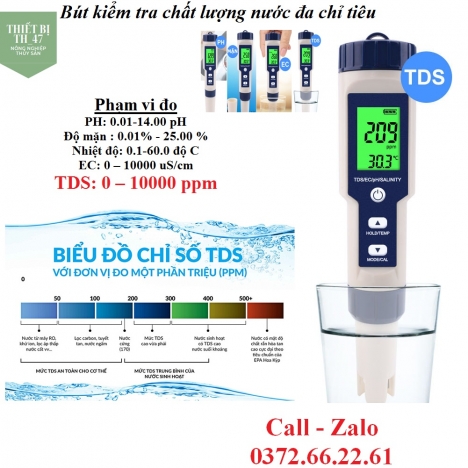 BÚT ĐO TDS 5 TRONG 1 TDS, PH, EC, ĐỘ MẶN, NHIỆT ĐỘ