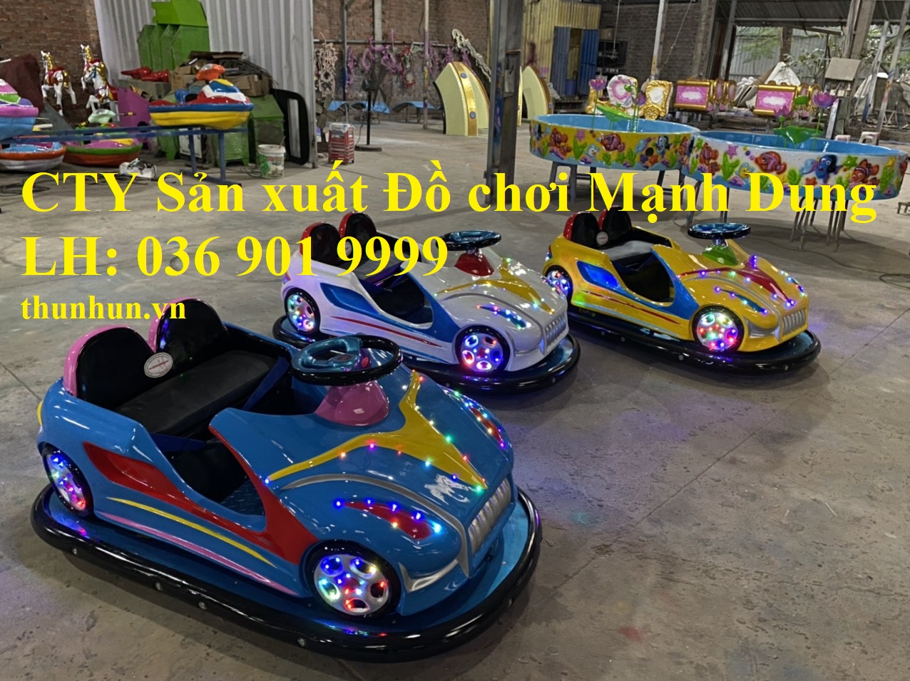 Nhà hơi, thú nhún, xe điện đụng, đu quay, máy bay lượn công viên