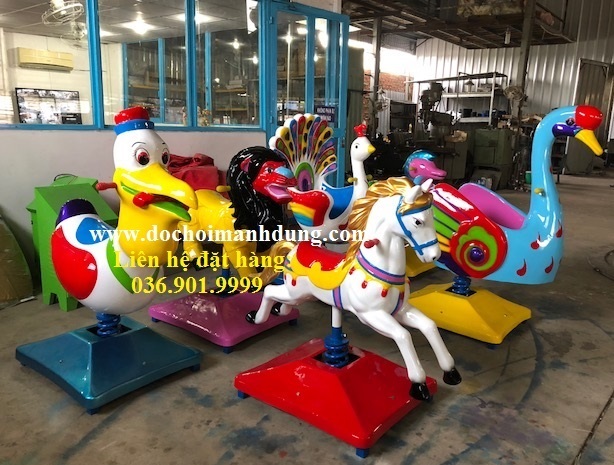 Đồ chơi thú nhún bỏ xu, cano đụng, mâm ly xoay công viên, hồ câu cá