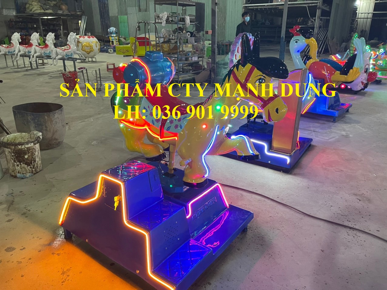 Trò chơi chơi đồ chơi hồ câu cá, đu quay, thú nhún thiếu nhi, xe điện.