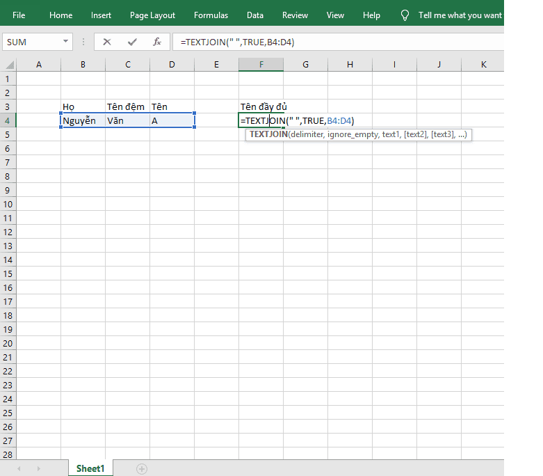 Hàm nối chuỗi có điều kiện trong Excel.