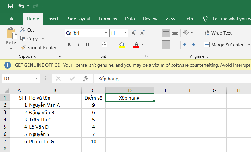 Xếp hạng trong Excel