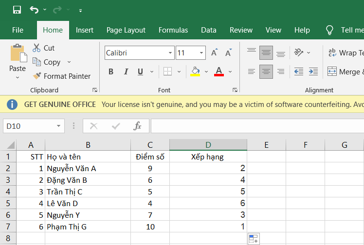Xếp hạng trong Excel
