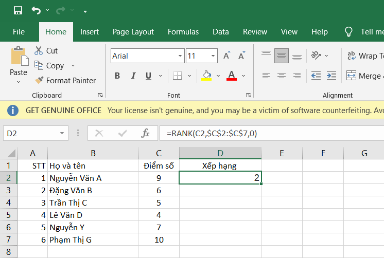 Xếp hạng trong Excel