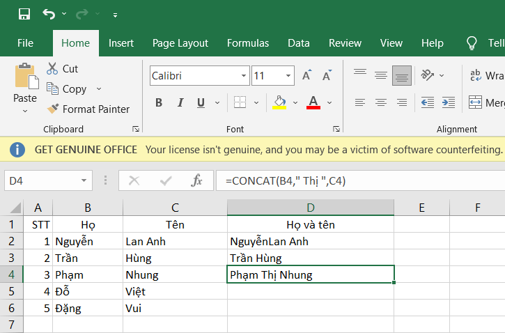 Nối nhiều ô trong Excel với hàm CONCATENATE