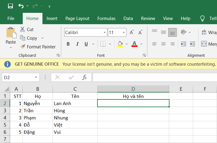 Nối nhiều ô trong Excel với hàm CONCATENATE