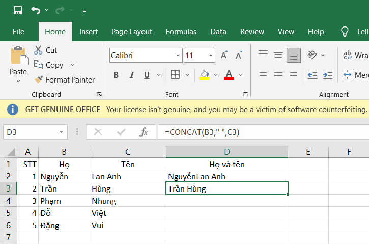 Nối nhiều ô trong Excel với hàm CONCATENATE