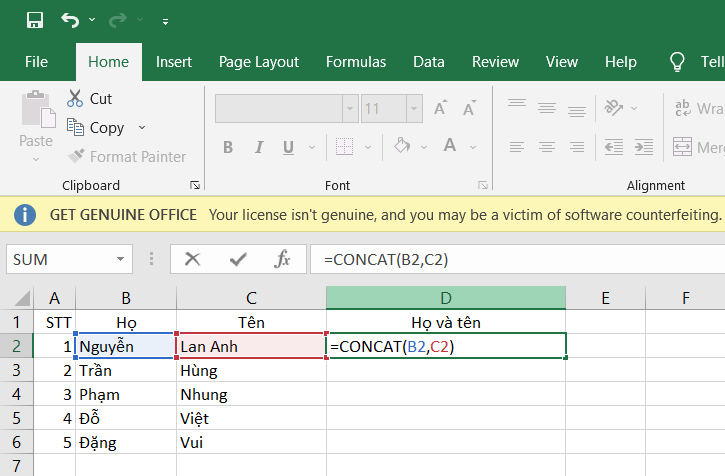 Nối nhiều ô trong Excel với hàm CONCATENATE