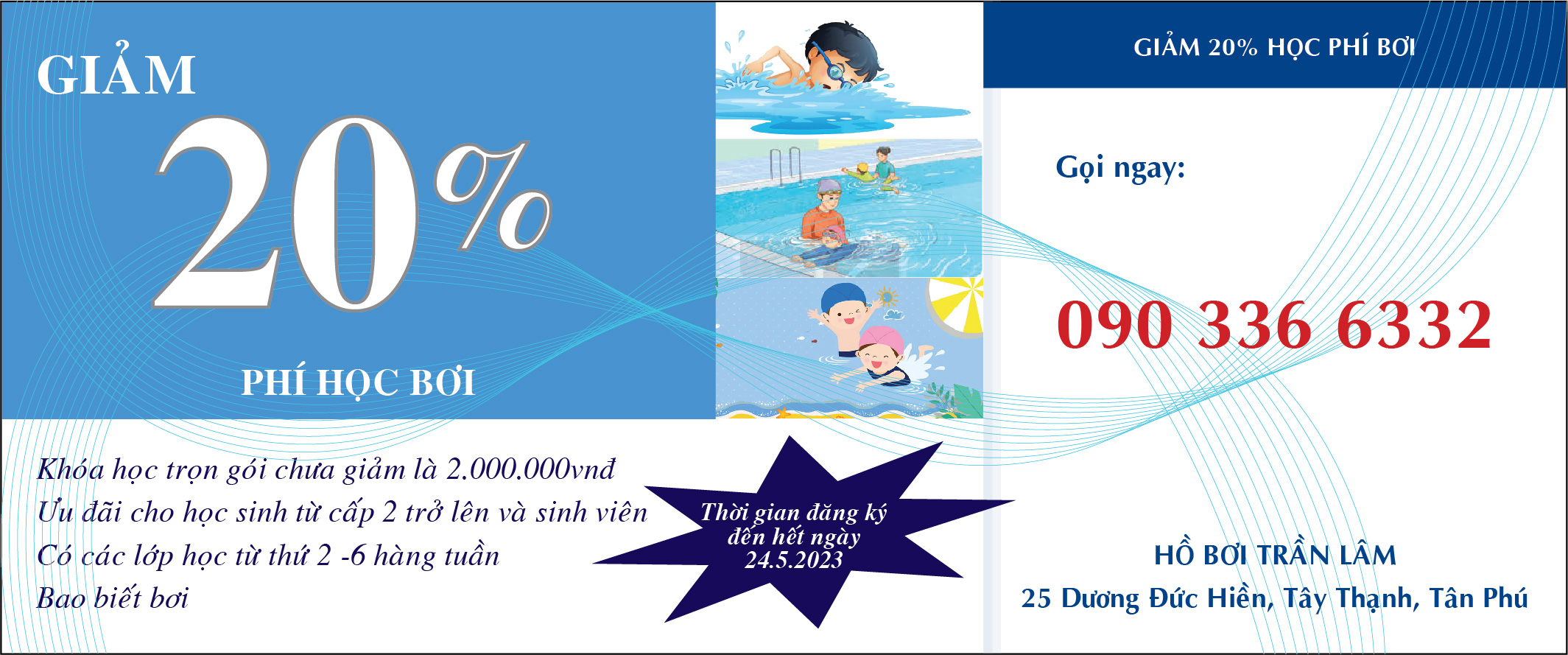 Giảm 20% phí học bơi cho HS-SV, hồ bơi Trần Lâm, hồ bơi Tân Phú