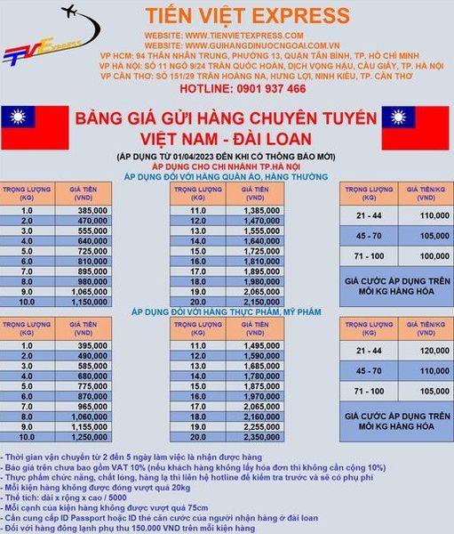 VẬN CHUYỂN HÀNG HÓA QUỐC TẾ VIỆT - ĐÀI LOAN