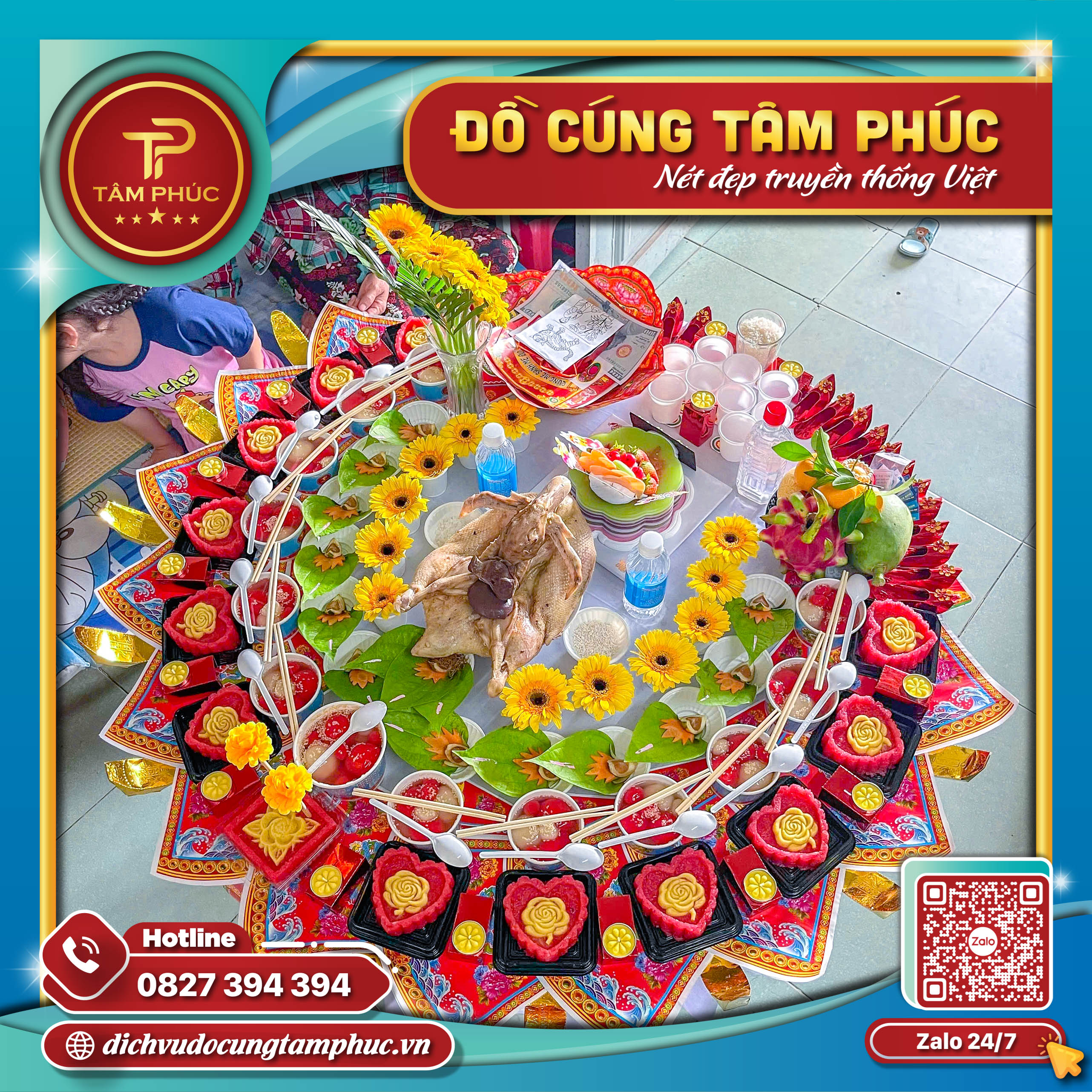 Mâm cúng mụ cho bé đầy đủ lễ vật chuẩn phong tục.