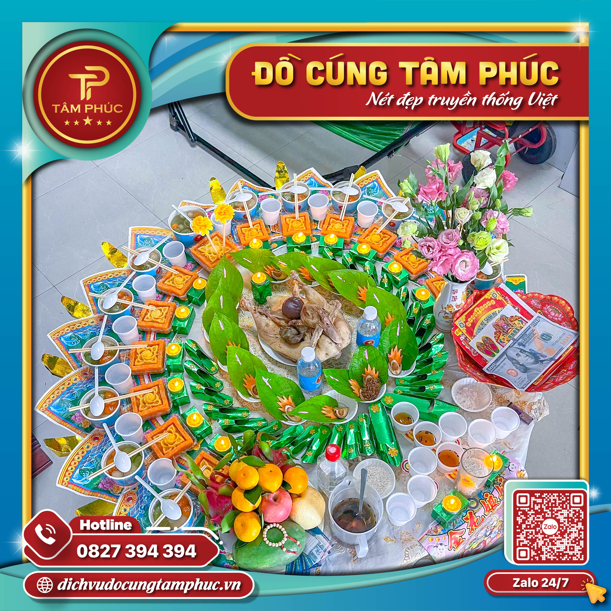 Mâm cúng mụ cho bé đầy đủ lễ vật chuẩn phong tục.