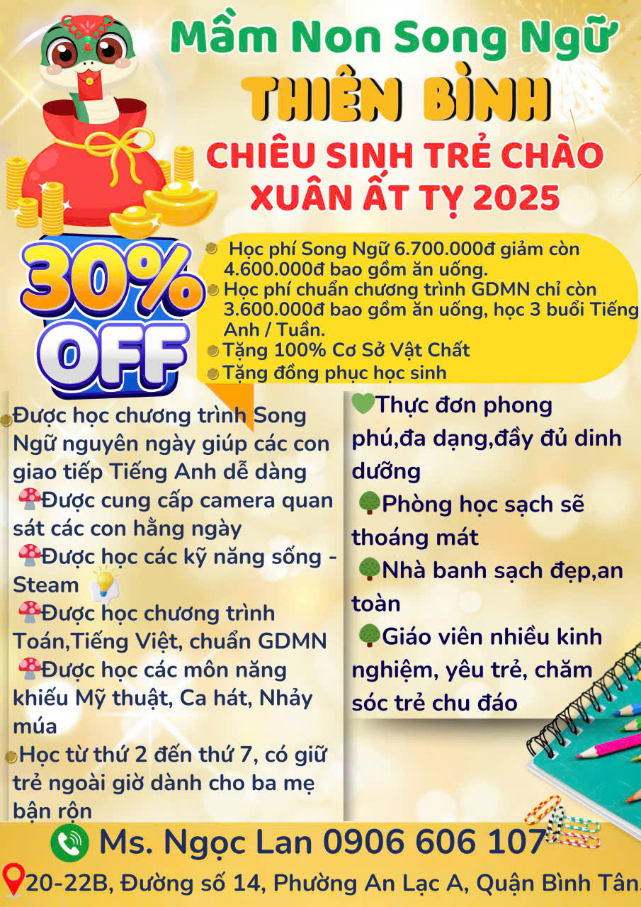 Mầm non Song Ngữ Thiên Bình - Chiêu sinh trẻ từ 18 tháng đến 5 tuổi