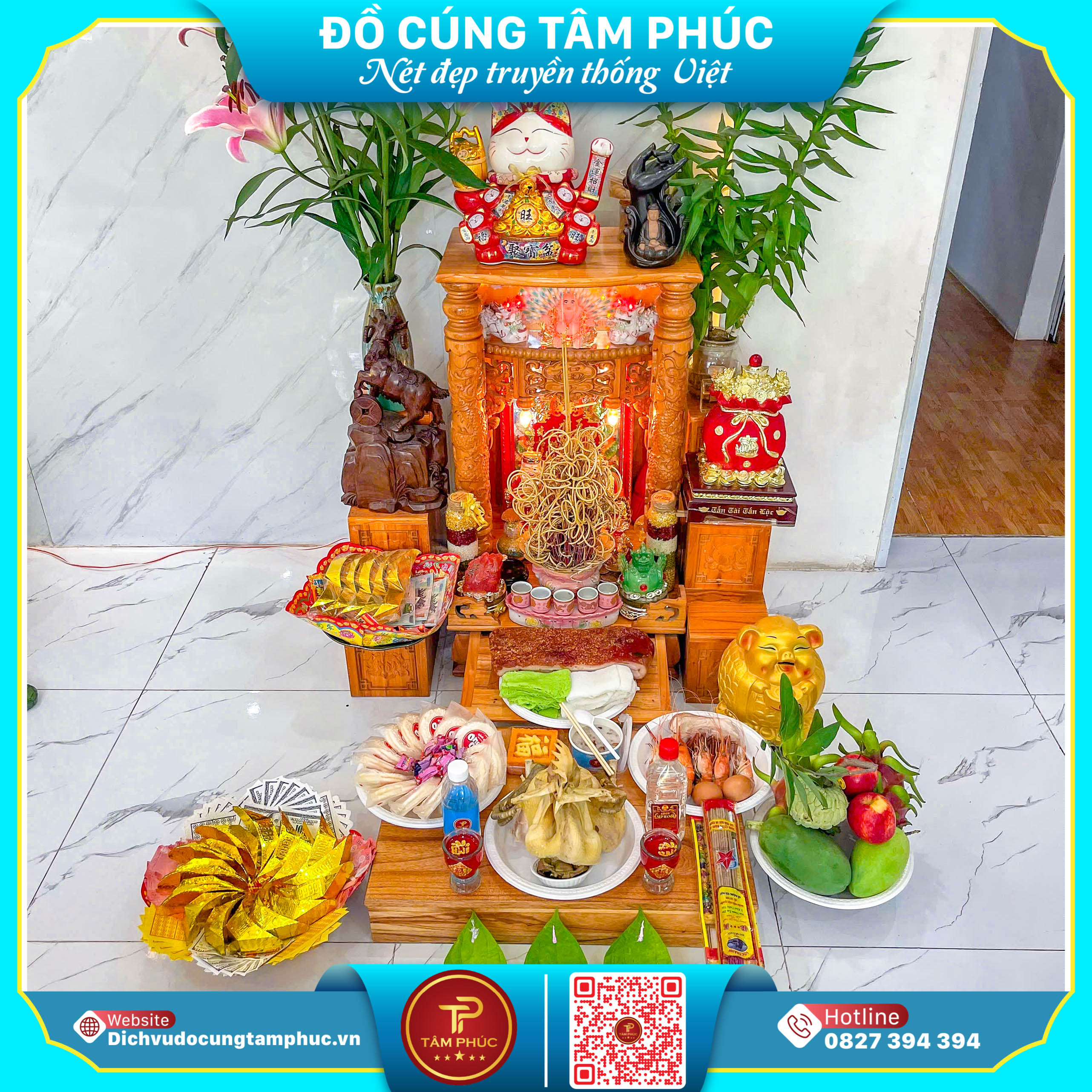 Mâm cúng thần tài, thổ địa đầy đủ tại Cần Thơ.