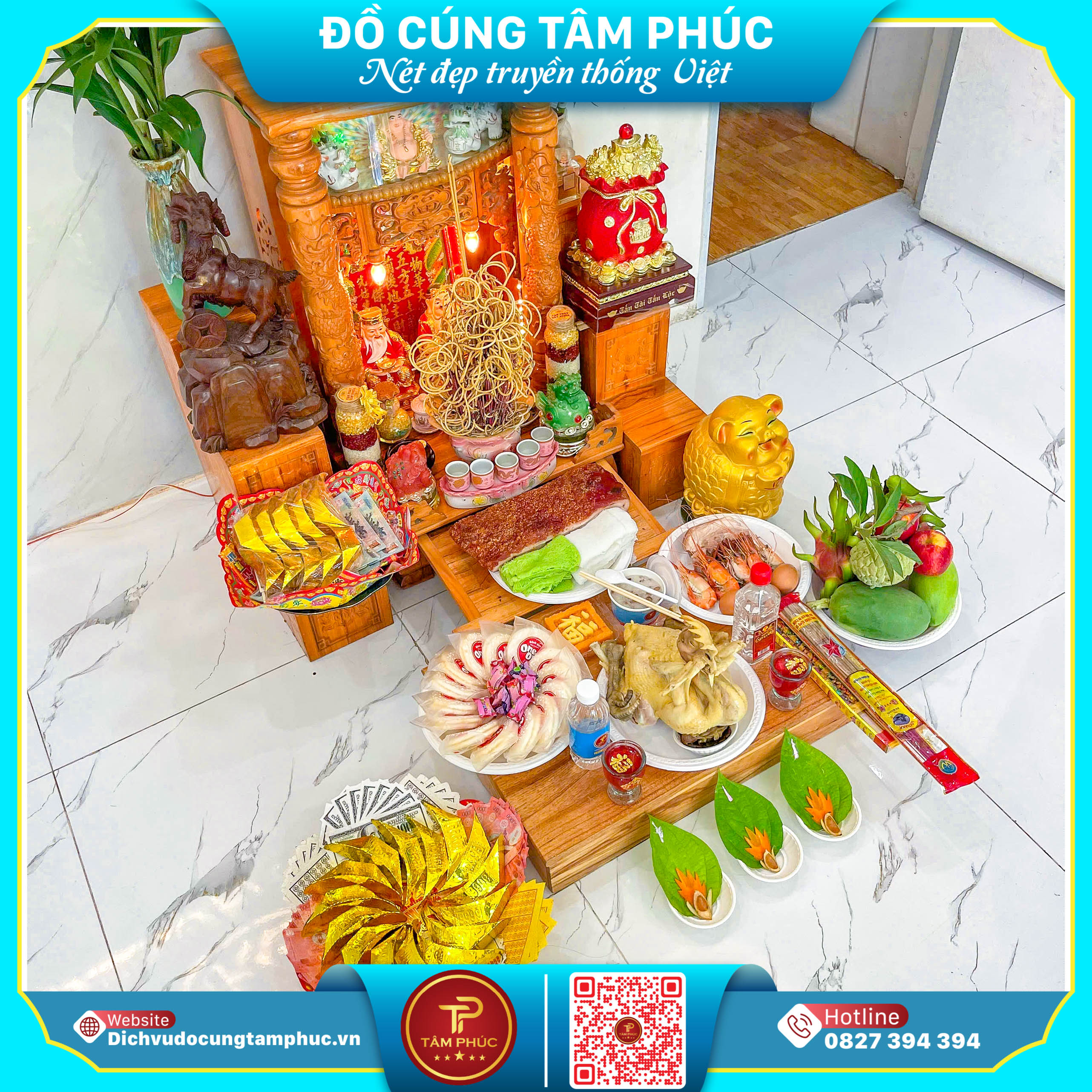 Mâm cúng thần tài, thổ địa đầy đủ tại Cần Thơ.