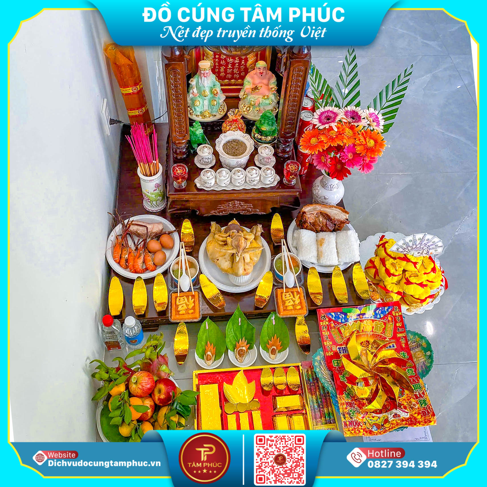 Mâm cúng thần tài, thổ địa đầy đủ tại Cần Thơ.