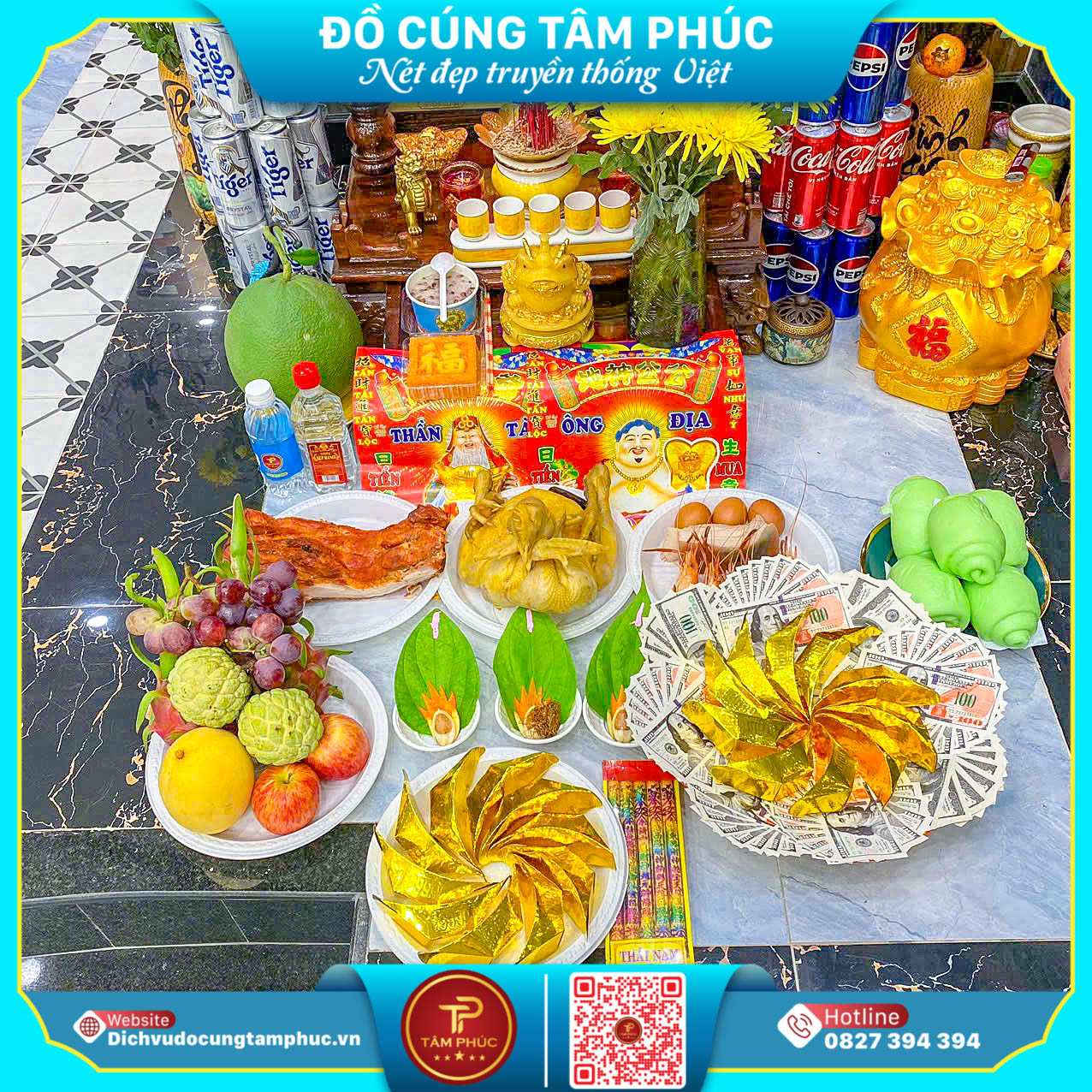 Mâm cúng thần tài, thổ địa đầy đủ tại Cần Thơ.