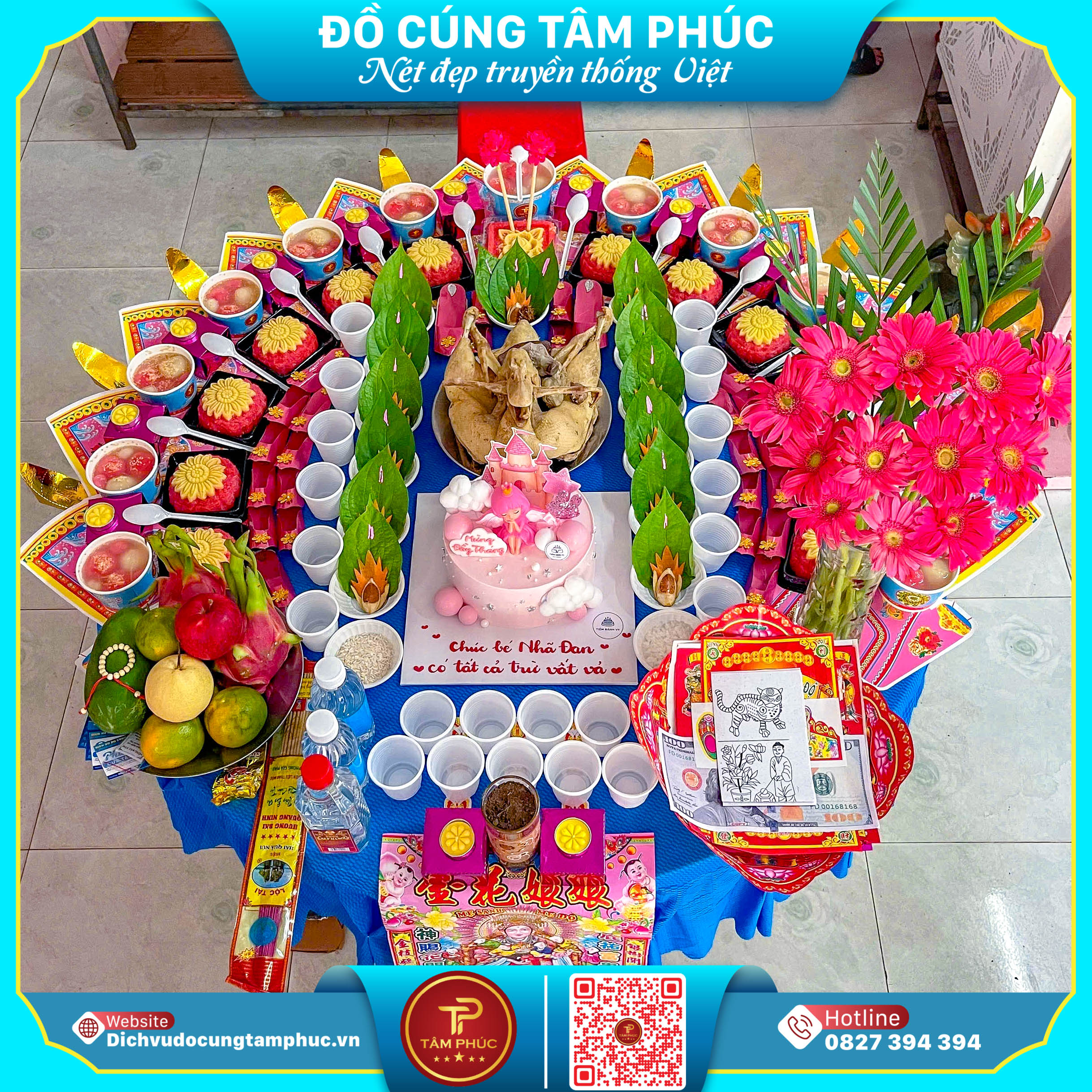 Vòng dâu tằm tặng bé yêu trên mâm cúng mụ.