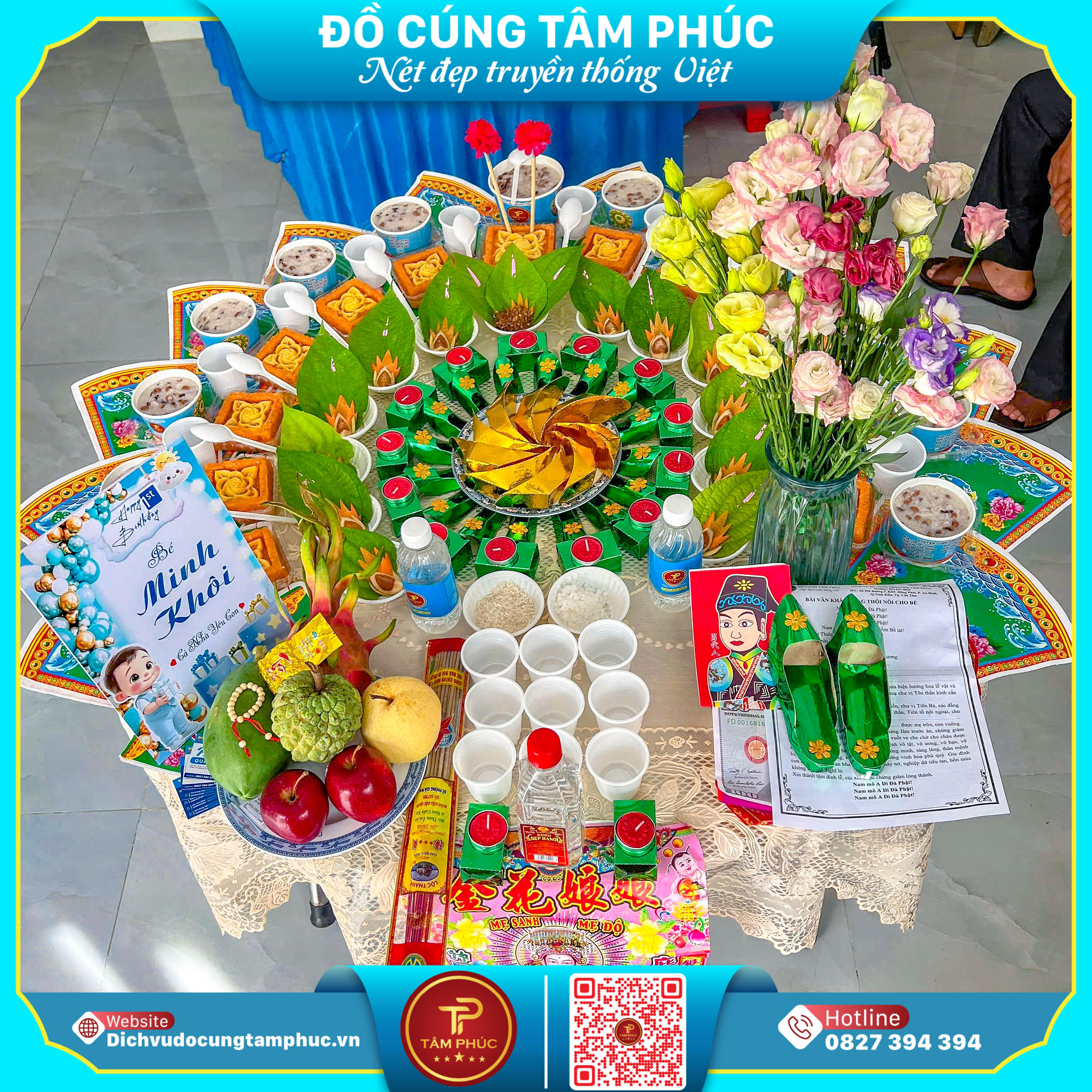 Mâm cúng mụ chay truyền thống cho bé tại Cần Thơ.