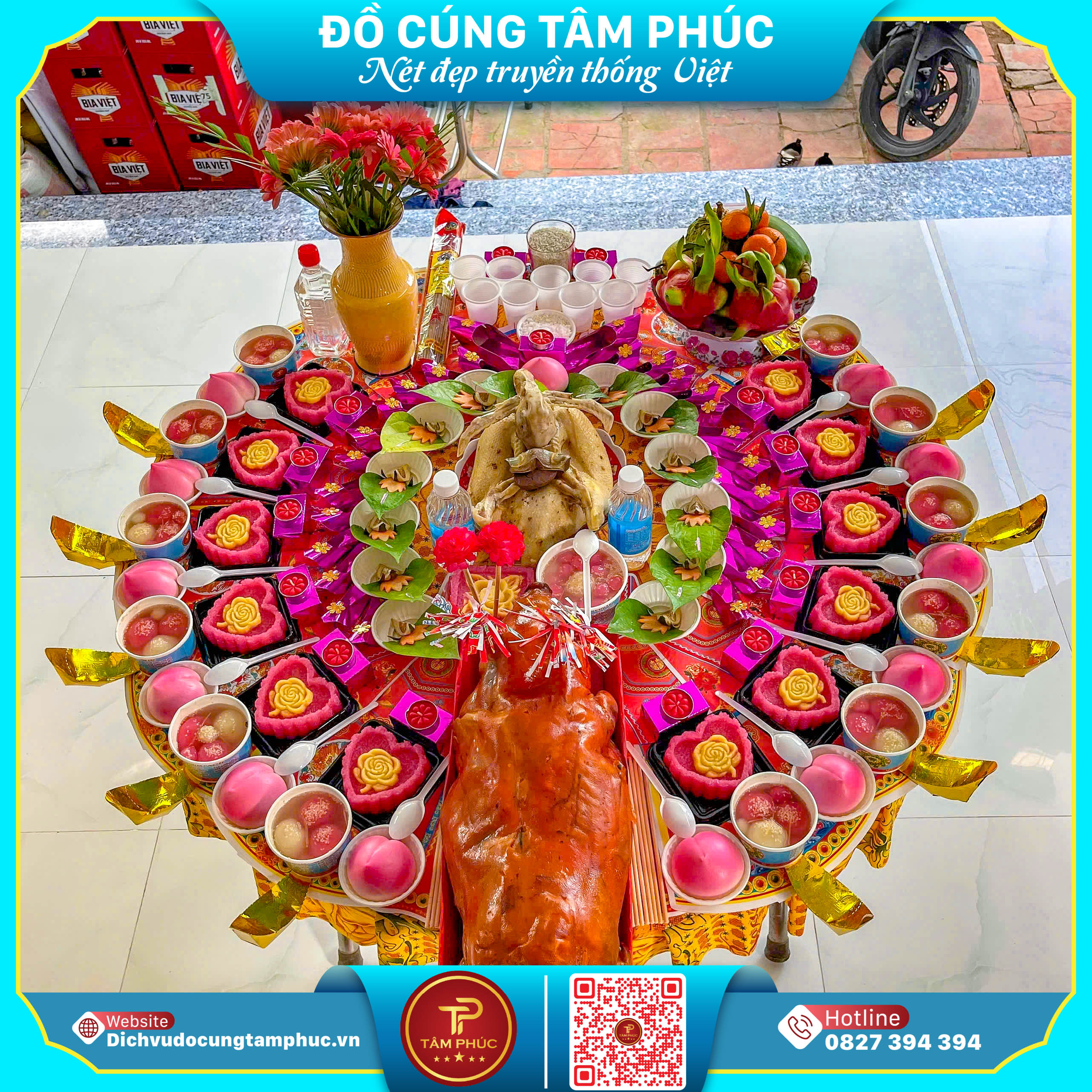 Heo quay cúng tại Cần Thơ, điểm nhấn trên mâm cúng mụ cho bé yêu.