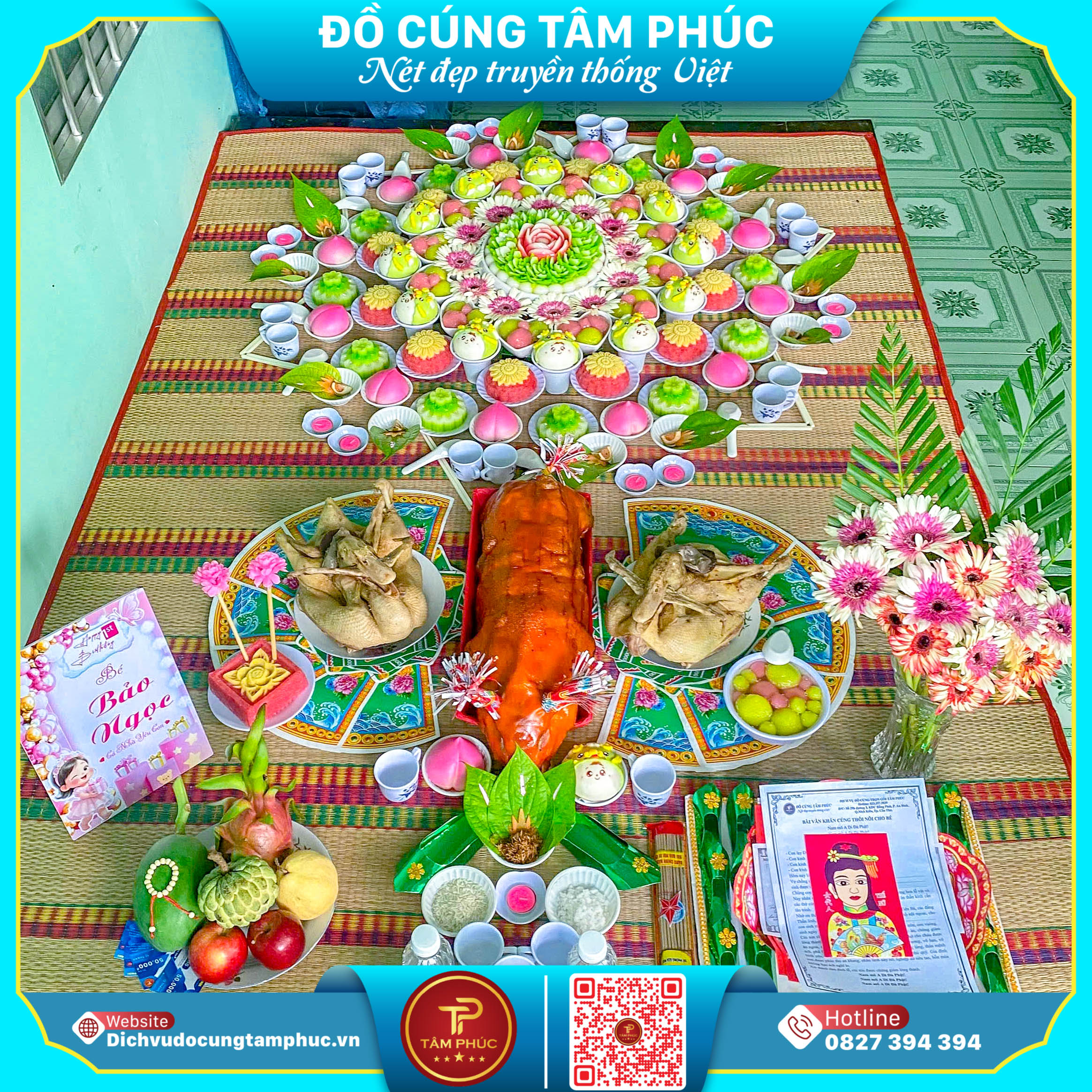 Heo quay cúng tại Cần Thơ, điểm nhấn trên mâm cúng mụ cho bé yêu.