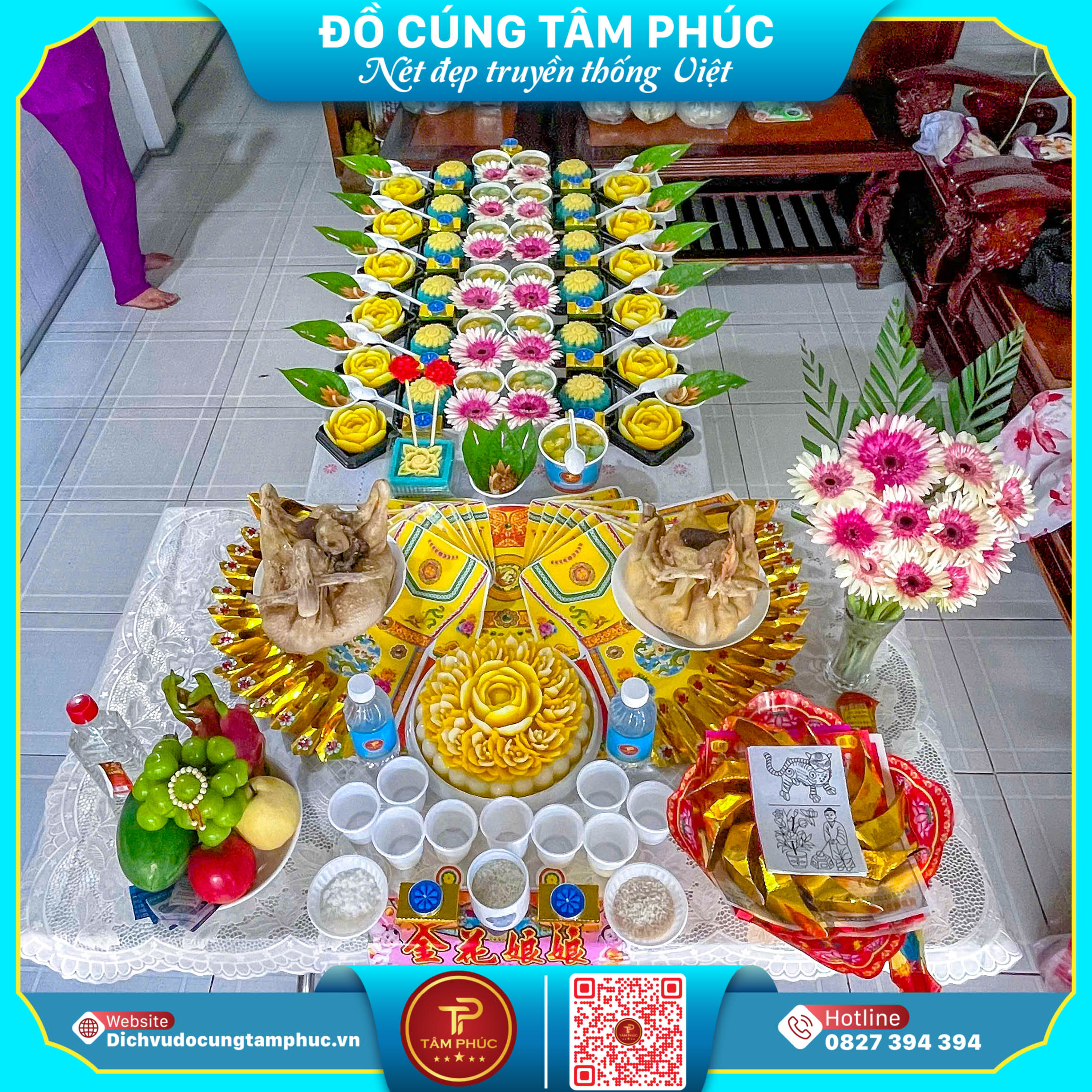 Trên mâm cúng mụ cho bé có cả gà và vịt được không ?